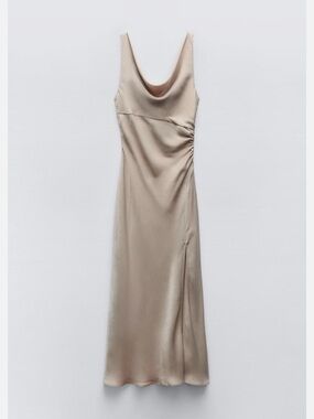 Zara Satin Cowl-Neck Slip Dress in Taupe